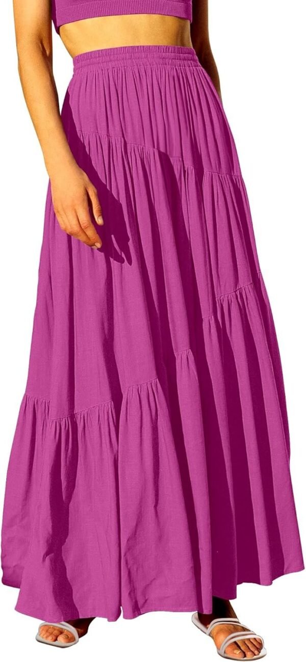 Women's Boho Elastic High Waist Pleated A-Line Flowy Swing Asymmetric Tiered Maxi Long Skirt Dress with Pockets