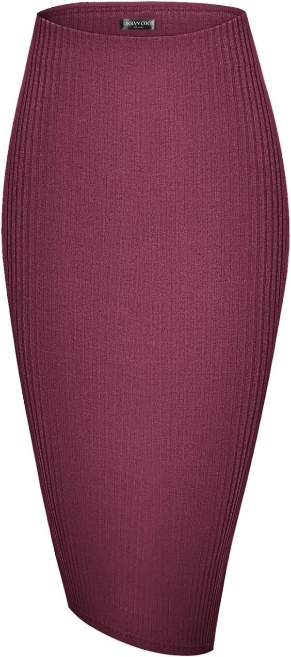Elastic High Waist Knee Length Pencil Skirt Ribbed Knit Basic Tube Midi Skirt