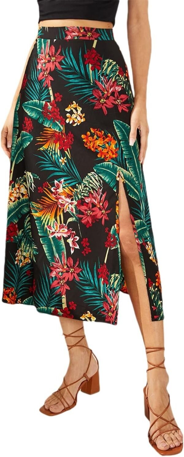 Women's Boho Floral High Waist Split A Line Midi Skirt