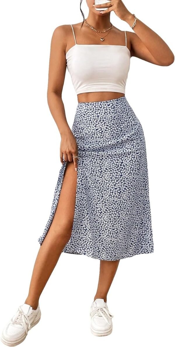Women's Boho Floral High Waist Split A Line Midi Skirt