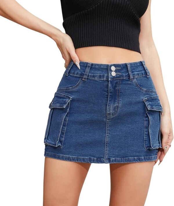 Low Waist Skirt Women Button Mini Denim Skirt with Pocket Mini Skirt