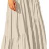 Women's Boho Elastic High Waist Pleated A-Line Flowy Swing Asymmetric Tiered Maxi Long Skirt Dress with Pockets