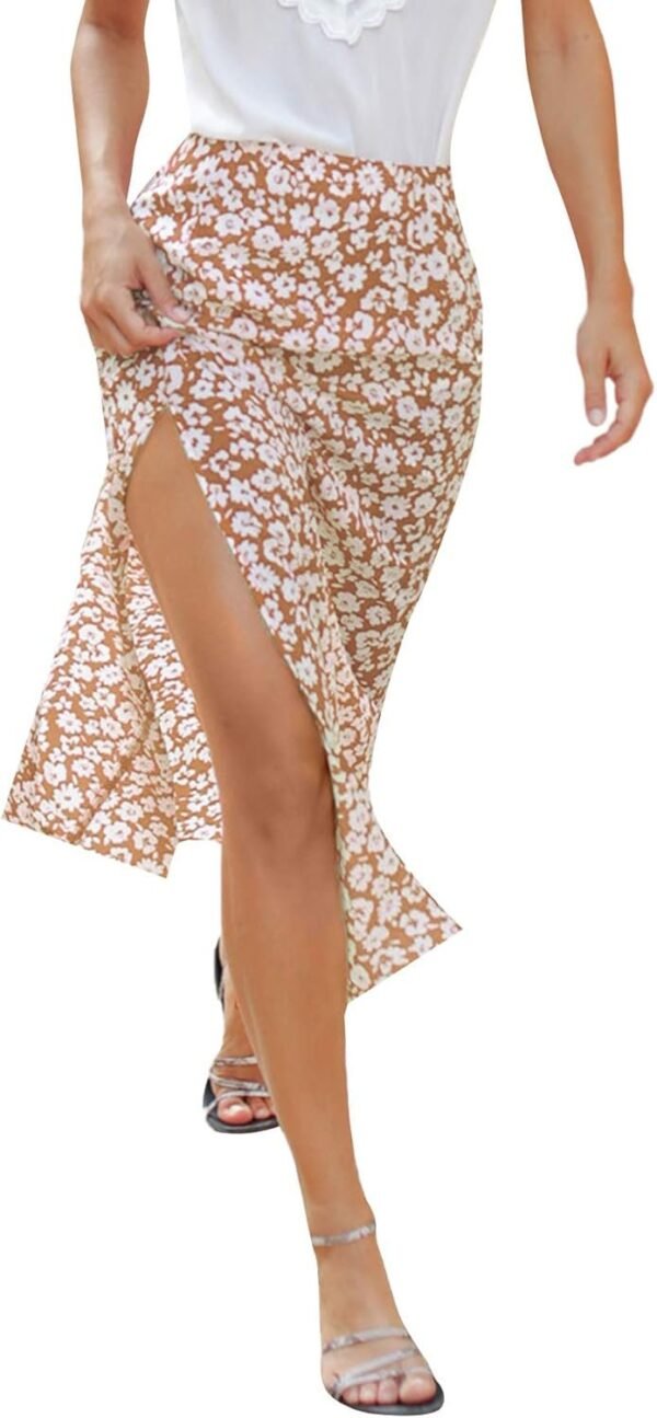Women's Boho Floral High Waist Split A Line Midi Skirt