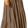 Women's Boho Elastic High Waist Pleated A-Line Flowy Swing Asymmetric Tiered Maxi Long Skirt Dress with Pockets