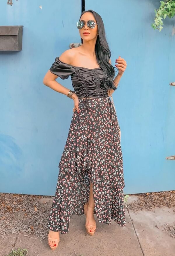 Women 2024 Summer Spring Boho Long Skirts Dress Floral Print Elastic Waist Split Ruffle High Low Beach Maxi Skirt