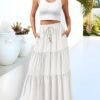 Women's 2024 Summer Boho Elastic High Waist Maxi Skirt A-Line Flowy Ruffle Tiered Long Beach Skirts with Pockets
