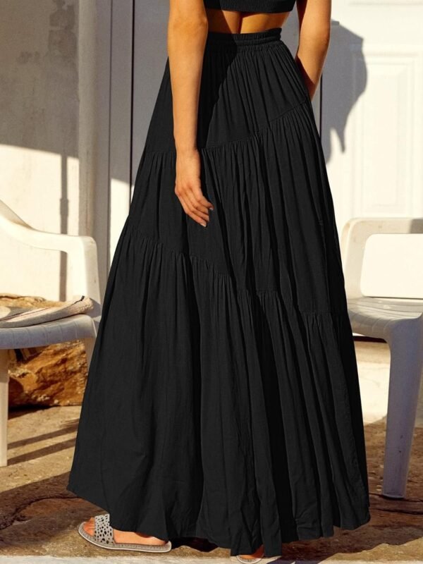Women's Boho Elastic High Waist Pleated A-Line Flowy Swing Asymmetric Tiered Maxi Long Skirt Dress with Pockets