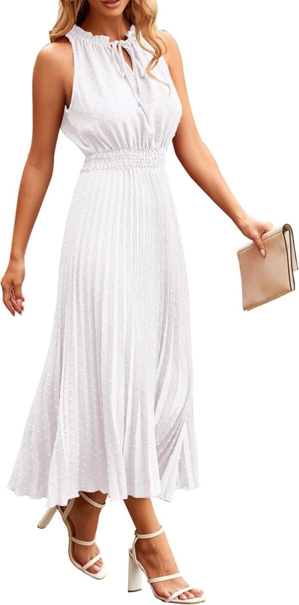 Women's Midi Summer V Neck Swiss Dot Ruffle Sleeveless A Line Beach Sun Dress