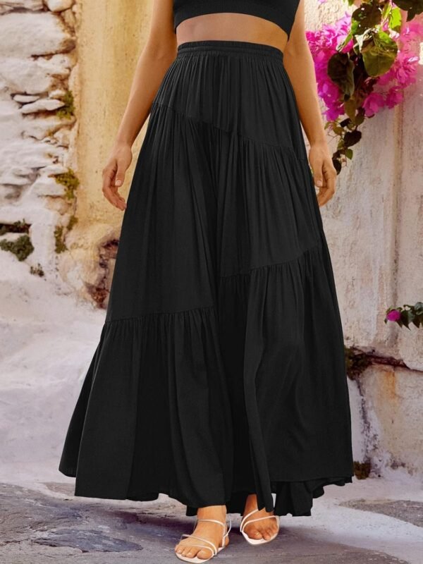 Women's Boho Elastic High Waist Pleated A-Line Flowy Swing Asymmetric Tiered Maxi Long Skirt Dress with Pockets
