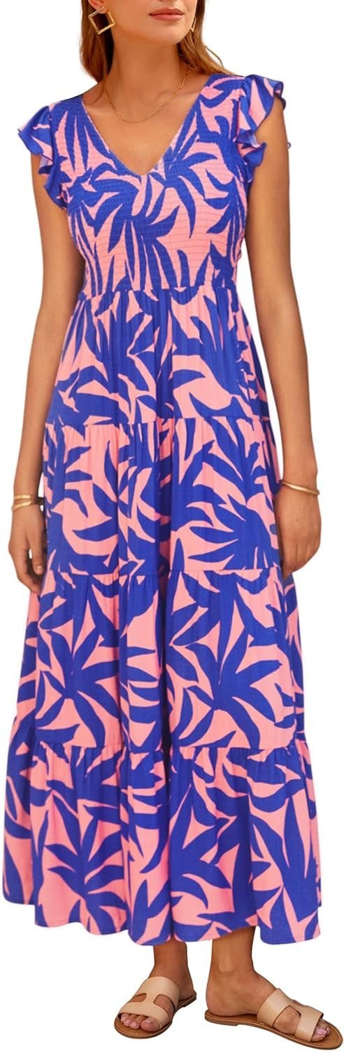 Women's Cap Sleeve V Neck Smocked Beach Sundress