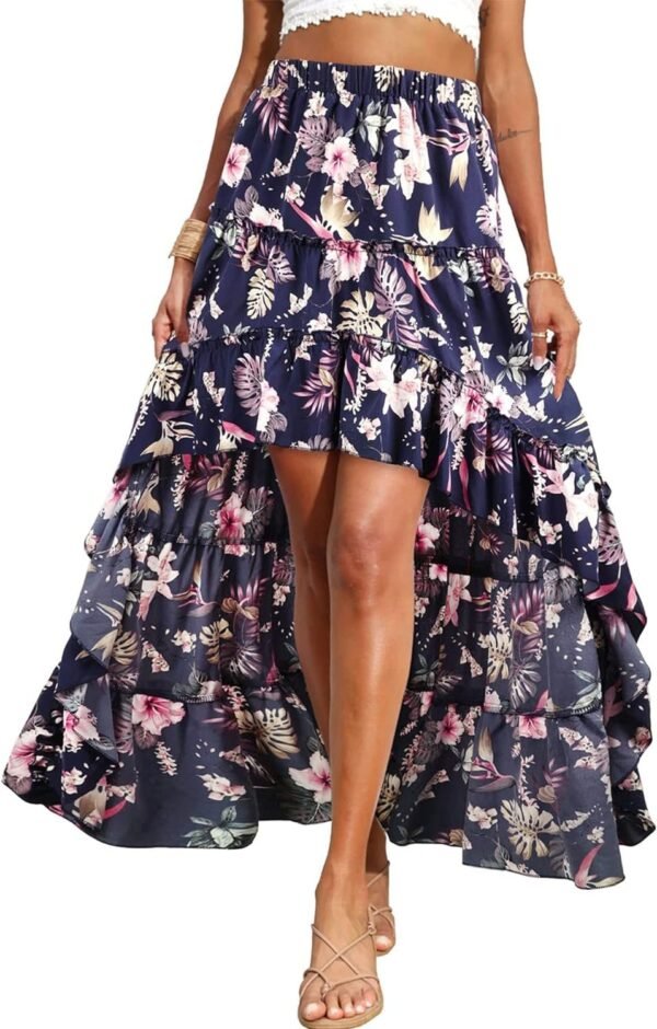 Women 2024 Summer Spring Boho Long Skirts Dress Floral Print Elastic Waist Split Ruffle High Low Beach Maxi Skirt