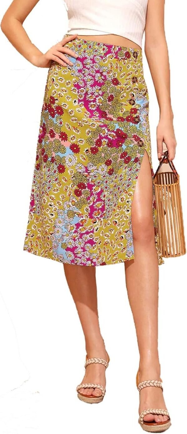 Women's Boho Floral High Waist Split A Line Midi Skirt