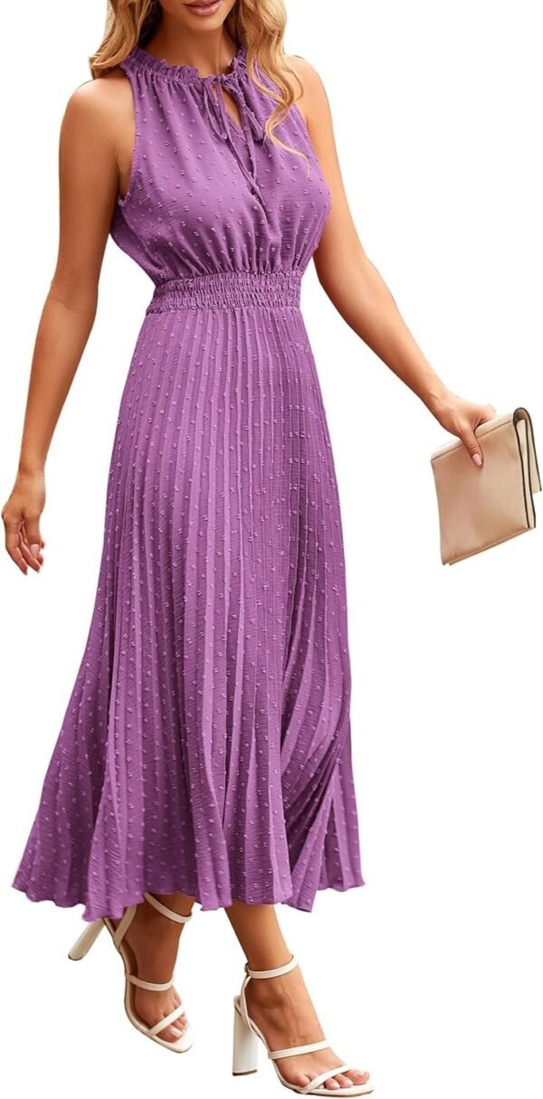 Women's Midi Summer V Neck Swiss Dot Ruffle Sleeveless A Line Beach Sun Dress