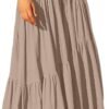 Women's Boho Elastic High Waist Pleated A-Line Flowy Swing Asymmetric Tiered Maxi Long Skirt Dress with Pockets
