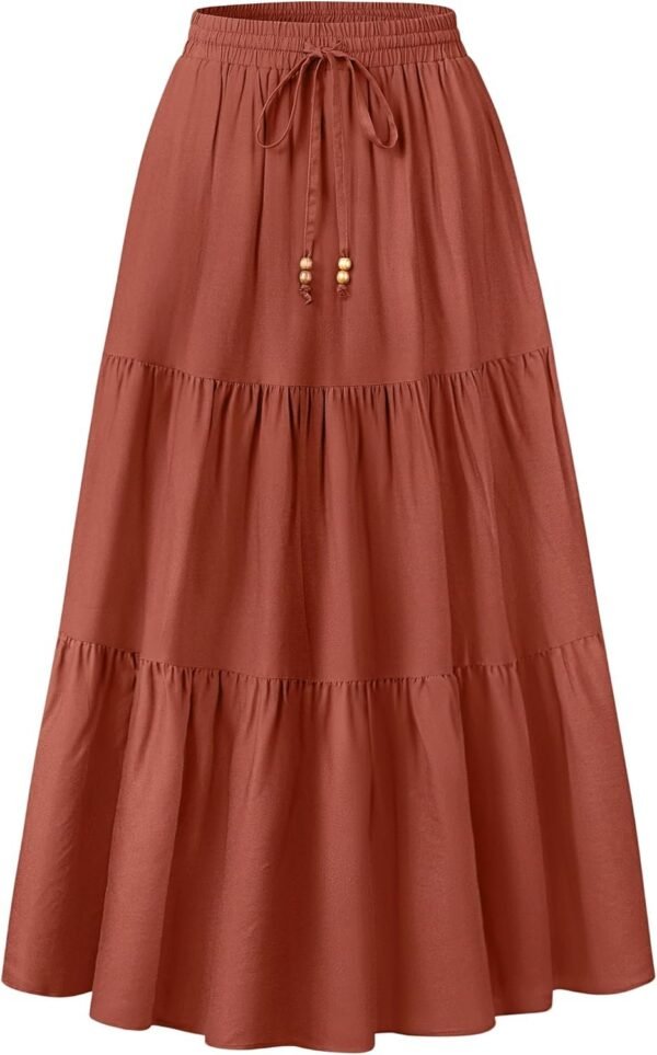 Women's 2024 Summer Boho Elastic High Waist Maxi Skirt A-Line Flowy Ruffle Tiered Long Beach Skirts with Pockets