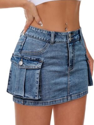Women Denim Skirt Mini Low Waist Button Bodycon Y2K Flap Pockets Skirts