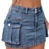 Low Waist Skirt Women Button Mini Denim Skirt with Pocket Mini Skirt