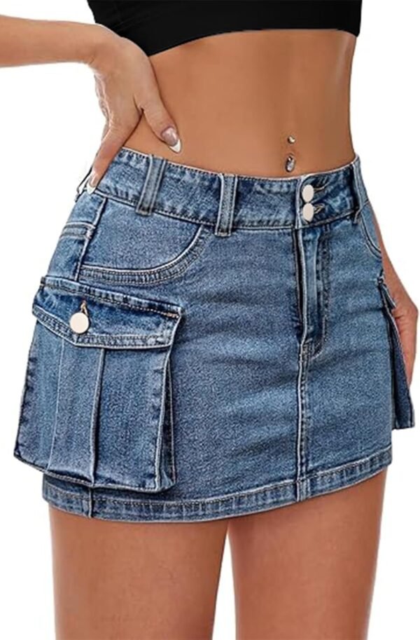 Low Waist Skirt Women Button Mini Denim Skirt with Pocket Mini Skirt