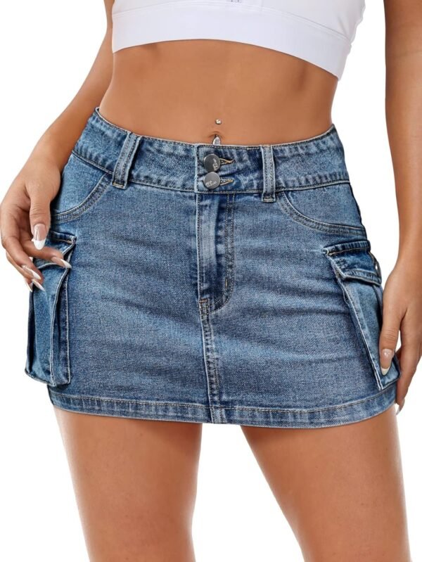 Women Denim Skirt Mini Low Waist Button Bodycon Y2K Flap Pockets Skirts
