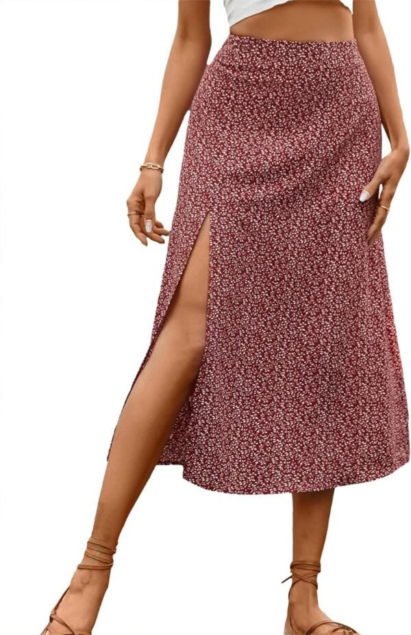 Women's Boho Floral High Waist Split A Line Midi Skirt