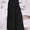 Women's Boho Elastic High Waist Pleated A-Line Flowy Swing Asymmetric Tiered Maxi Long Skirt Dress with Pockets