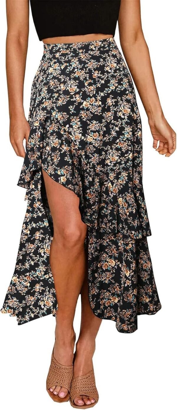 Women 2024 Summer Spring Boho Long Skirts Dress Floral Print Elastic Waist Split Ruffle High Low Beach Maxi Skirt