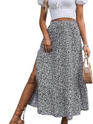 Women's Casual High Waist Floral Print Skirt Split Thigh A Line Maxi Skirts