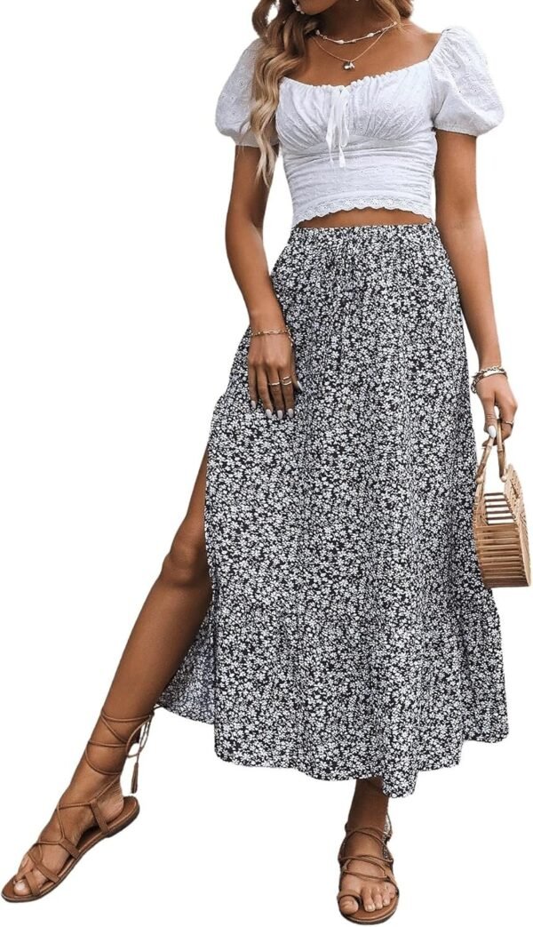 Women's Casual High Waist Floral Print Skirt Split Thigh A Line Maxi Skirts