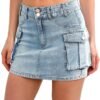 Low Waist Skirt Women Button Mini Denim Skirt with Pocket Mini Skirt