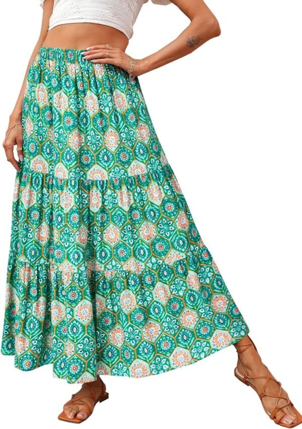 Women's 2024 Spring Summer High Waist Boho Floral Maxi Skirt Casual Flowy Swing Pleated A Line Beach Long Skirts