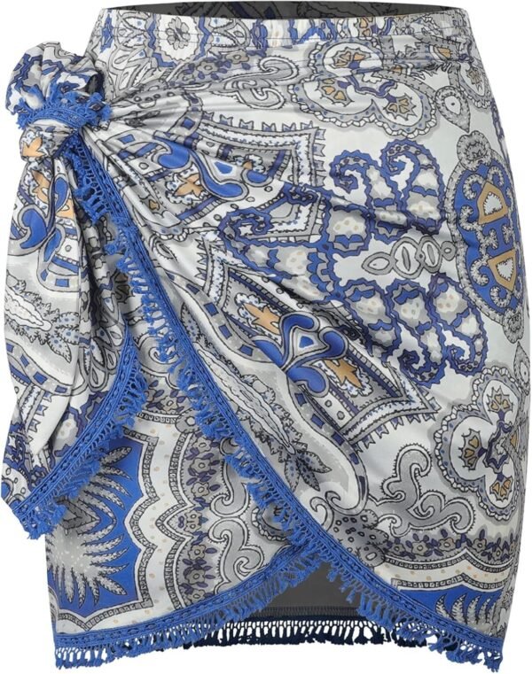 Slit Skirt for Women Boho Print Tie Side Wrap Tassel Casual Beach Mini Skirt
