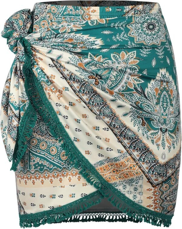 Slit Skirt for Women Boho Print Tie Side Wrap Tassel Casual Beach Mini Skirt
