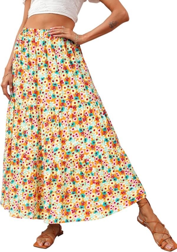 Women's 2024 Spring Summer High Waist Boho Floral Maxi Skirt Casual Flowy Swing Pleated A Line Beach Long Skirts