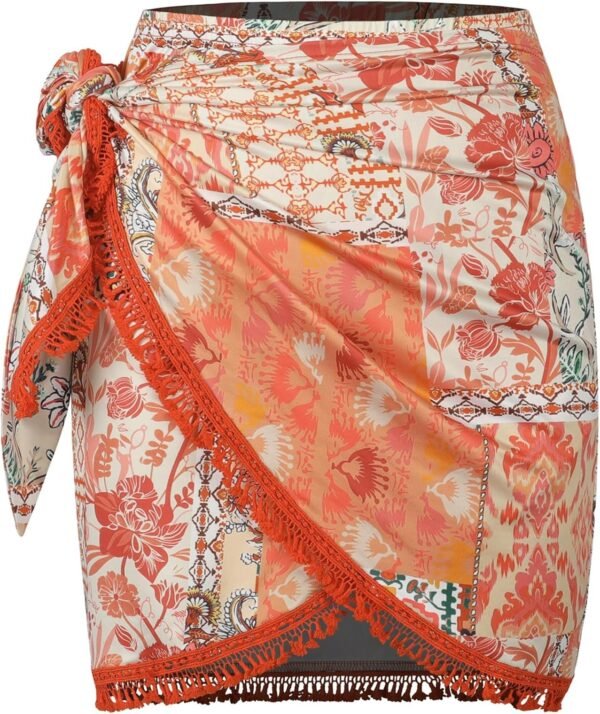 Slit Skirt for Women Boho Print Tie Side Wrap Tassel Casual Beach Mini Skirt