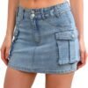 Low Waist Skirt Women Button Mini Denim Skirt with Pocket Mini Skirt