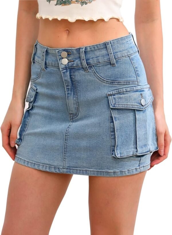 Low Waist Skirt Women Button Mini Denim Skirt with Pocket Mini Skirt