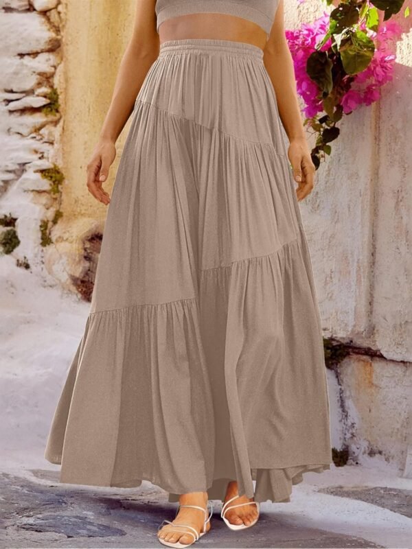 Women's Boho Elastic High Waist Pleated A-Line Flowy Swing Asymmetric Tiered Maxi Long Skirt Dress with Pockets