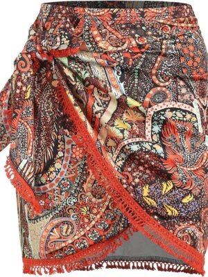 Slit Skirt for Women Boho Print Tie Side Wrap Tassel Casual Beach Mini Skirt