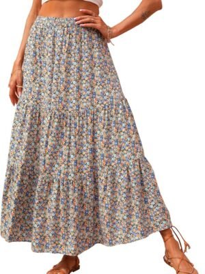 Women's 2024 Spring Summer High Waist Boho Floral Maxi Skirt Casual Flowy Swing Pleated A Line Beach Long Skirts